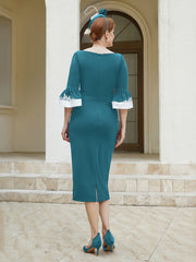 Robe Fourreau Plissée et Appliquée à Encolure en Scoop Bleu Encre