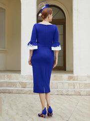 Robe Fourreau Plissée et Appliquée à Encolure en Scoop Bleu Royale