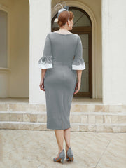 Robe Fourreau Plissée et Appliquée à Encolure en Scoop Gris Acier