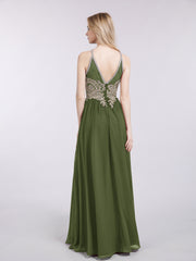Licou Mousseline avec Or Applique Robe Olive Verte