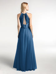 Robe Longue en Tulle à Bretelles Torsadées avec Décolleté en V Bleu Encre