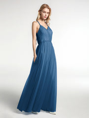 Robe Longue en Tulle à Bretelles Torsadées avec Décolleté en V Bleu Encre