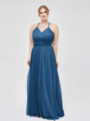 Robe Longue en Tulle à Bretelles Torsadées avec Décolleté en V Bleu Encre Grande Taille