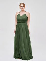 Robe Longue en Tulle à Bretelles Torsadées avec Décolleté en V Olive Verte Grande Taille