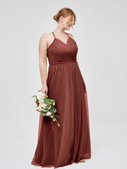 Robe Longue en Tulle à Bretelles Torsadées avec Décolleté en V terracotta