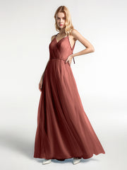 Robe Longue en Tulle à Bretelles Torsadées avec Décolleté en V terracotta