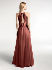 Robe Longue en Tulle à Bretelles Torsadées avec Décolleté en V terracotta