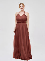 Robe Longue en Tulle à Bretelles Torsadées avec Décolleté en V terracotta