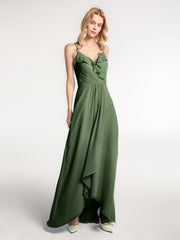 Robe en Mousseline à Bretelles Spaghetti Haut Bas avec Volants Olive Verte Grande Taille