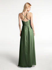 Robe en Mousseline à Bretelles Spaghetti Haut Bas avec Volants Olive Verte