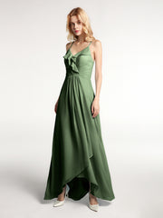 Robe en Mousseline à Bretelles Spaghetti Haut Bas avec Volants Olive Verte