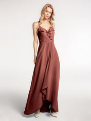 Robe en Mousseline à Bretelles Spaghetti Haut Bas avec Volants terracotta