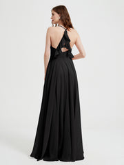 Col En V Dos Croisé Mousseline Robes De Demoiselle d'Honneur Noir Grande Taille