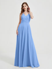 Col En V Dos Croisé Mousseline Robes De Demoiselle d'Honneur Bleu Grande Taille