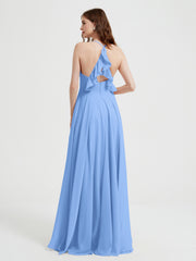 Col En V Dos Croisé Mousseline Robes De Demoiselle d'Honneur Bleu Grande Taille