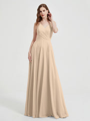 Col En V Dos Croisé Mousseline Robes De Demoiselle d'Honneur Champagne Grande Taille