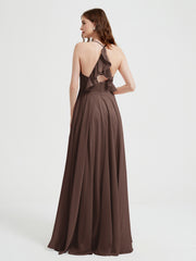 Col En V Dos Croisé Mousseline Robes De Demoiselle d'Honneur Chocolat Grande Taille
