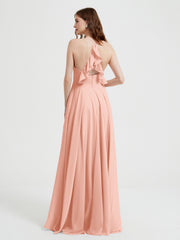 Col En V Dos Croisé Mousseline Robes De Demoiselle d'Honneur Corail Grande Taille