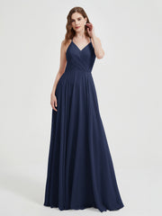 Col En V Dos Croisé Mousseline Robes De Demoiselle d'Honneur Bleu Marine Grande Taille