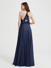 Col En V Dos Croisé Mousseline Robes De Demoiselle d'Honneur Bleu Marine Grande Taille