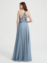 Col En V Dos Croisé Mousseline Robes De Demoiselle d'Honneur Bleu Poudré Grande Taille