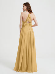 Col En V Dos Croisé Mousseline Robes De Demoiselle d'Honneur Or Grande Taille