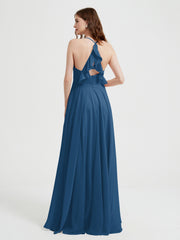 Col En V Dos Croisé Mousseline Robes De Demoiselle d'Honneur Bleu Encre Grande Taille