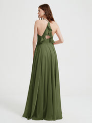 Col En V Dos Croisé Mousseline Robes De Demoiselle d'Honneur Olive Verte