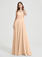Col En V Dos Croisé Mousseline Robes De Demoiselle d'Honneur Pêche