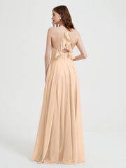 Col En V Dos Croisé Mousseline Robes De Demoiselle d'Honneur Pêche Grande Taille