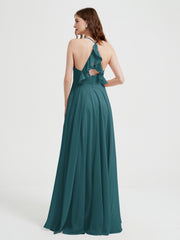 Col En V Dos Croisé Mousseline Robes De Demoiselle d'Honneur Paon Grande Taille