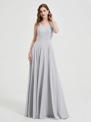 Col En V Dos Croisé Mousseline Robes De Demoiselle d'Honneur Argent