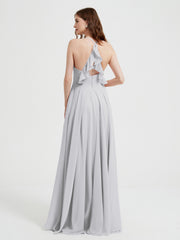Col En V Dos Croisé Mousseline Robes De Demoiselle d'Honneur Argent Grande Taille
