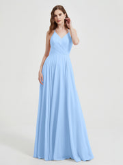 Col En V Dos Croisé Mousseline Robes De Demoiselle d'Honneur Bleu Ciel