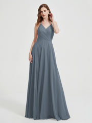 Col En V Dos Croisé Mousseline Robes De Demoiselle d'Honneur Bleu de Schiste Grande Taille