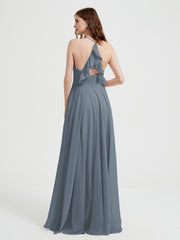 Col En V Dos Croisé Mousseline Robes De Demoiselle d'Honneur Bleu de Schiste Grande Taille
