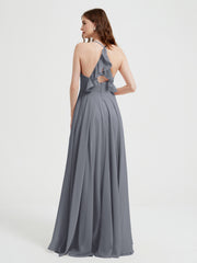 Col En V Dos Croisé Mousseline Robes De Demoiselle d'Honneur Gris Acier