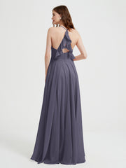 Col En V Dos Croisé Mousseline Robes De Demoiselle d'Honneur Orageux Grande Taille