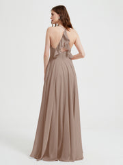 Col En V Dos Croisé Mousseline Robes De Demoiselle d'Honneur Taupe Grande Taille