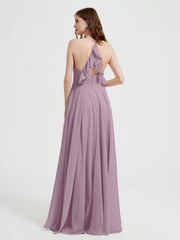 Col En V Dos Croisé Mousseline Robes De Demoiselle d'Honneur Vintage Mauve