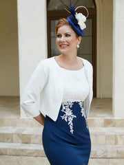 Robe Fourreau Appliquée Longueur aux Genoux avec Veste Bleu Marine Clair Grande Taille