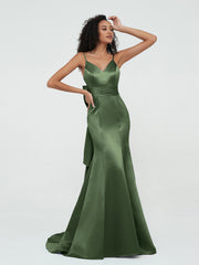 Bretelles Spaghetti Robes de Sirène en Satin Olive Verte