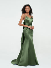 Bretelles Spaghetti Robes de Sirène en Satin Olive Verte