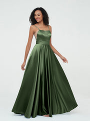 A-ligne Bretelles Spaghetti Robes Maxi en Satin Olive Verte