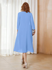 Robe de A-ligne en Mousseline à Manches Longues avec Veste Bleu