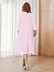 Robe de A-ligne en Mousseline à Manches Longues avec Veste Rose Pâle Grande Taille