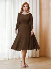 Robe de A-ligne en Mousseline à Manches Longues avec Veste Brun Grande Taille