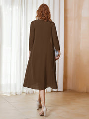 Robe de A-ligne en Mousseline à Manches Longues avec Veste Brun Grande Taille