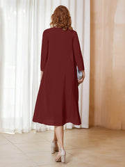 Robe de A-ligne en Mousseline à Manches Longues avec Veste Bordeaux