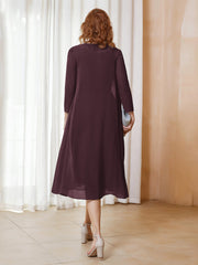Robe de A-ligne en Mousseline à Manches Longues avec Veste Cabernet